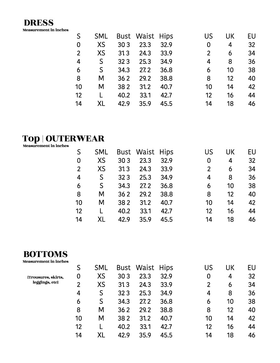 BEULAH STYLE Size chart