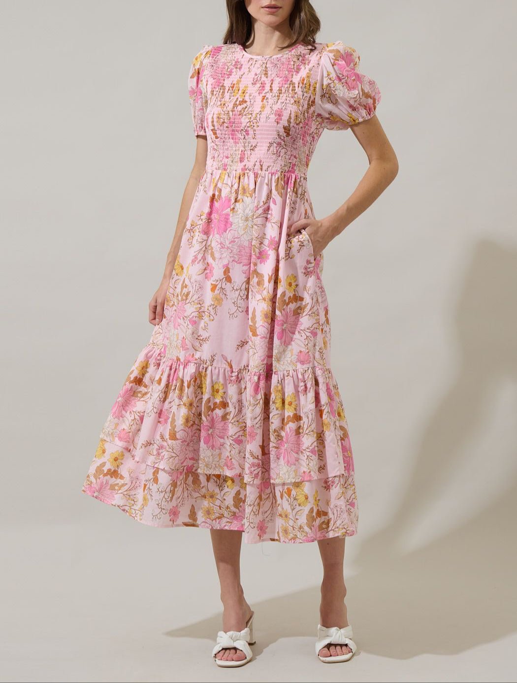 Solanda Floral Aruba Smocked Midi Dress - BTK COLLECTIONS