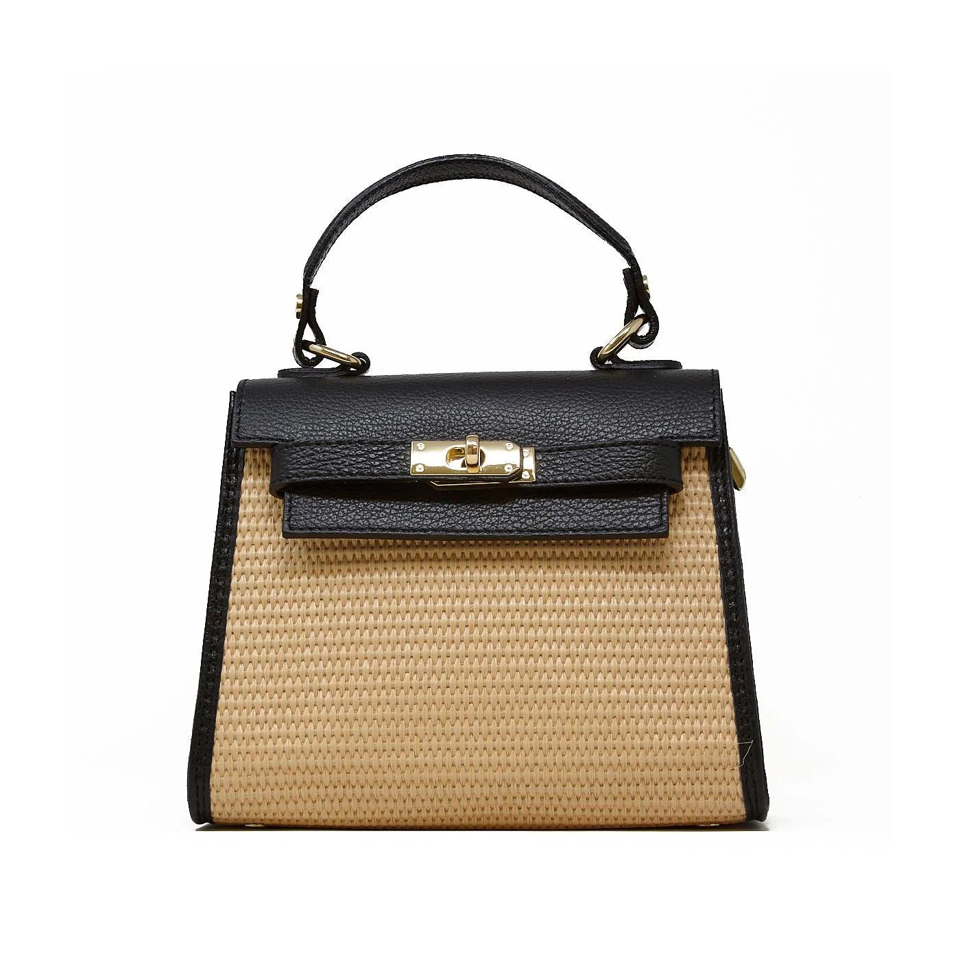 TRAPEZOID RAFFIA LEATHER BAG WITH SINGLE TOP HANDLE - BTK COLLECTIONS