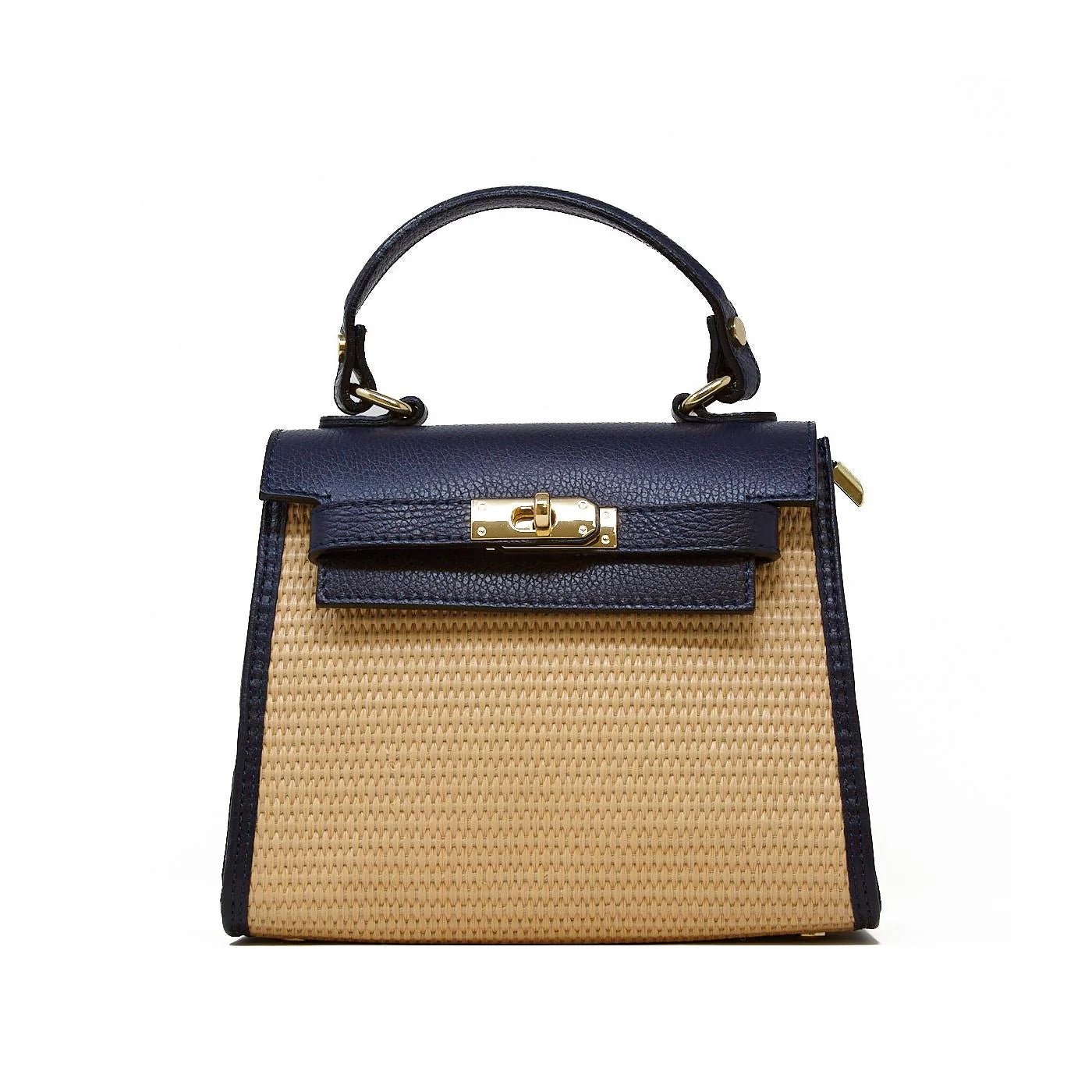 TRAPEZOID RAFFIA LEATHER BAG WITH SINGLE TOP HANDLE - BTK COLLECTIONS