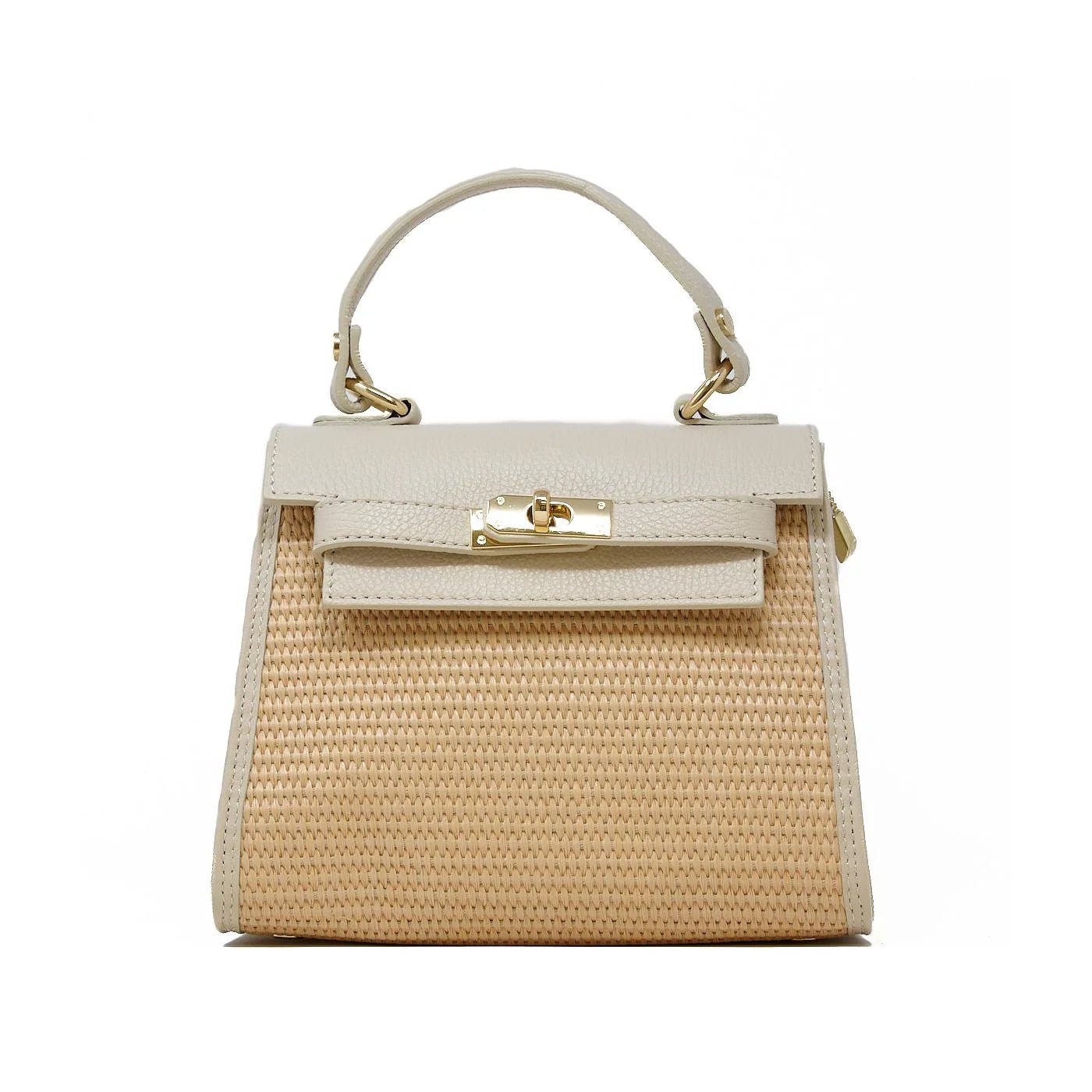 Ivory leather‑trim raffia top‑handle mini satchel with gold turn‑lock closure