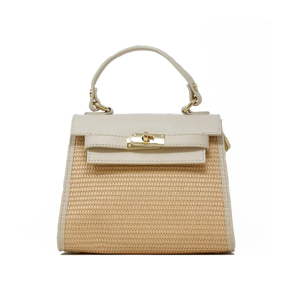 ivory genuine leather and raffia structured handbag with top handle and gold twist-lock