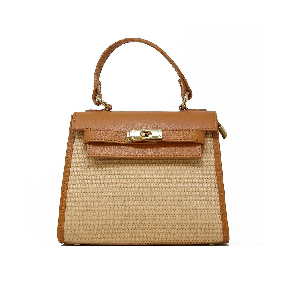 Camel brown leather raffia bag with top handle and classic gold twist-lock