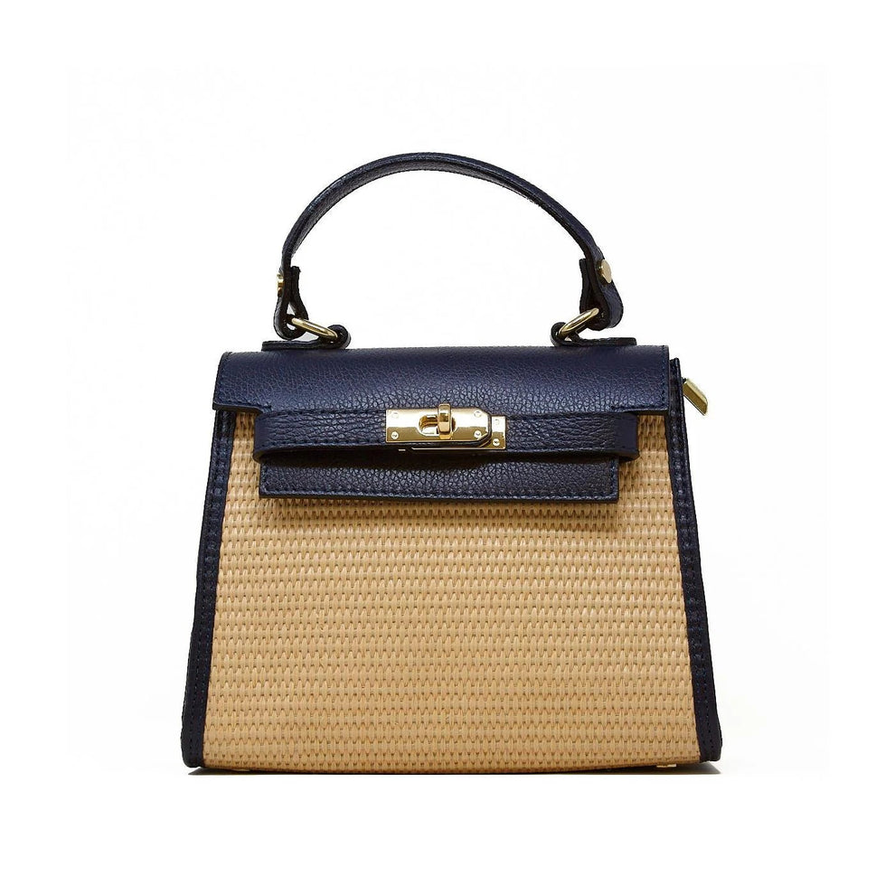 Navy blue leather and raffia handbag by German Fuentes with elegant trapezoid shape
