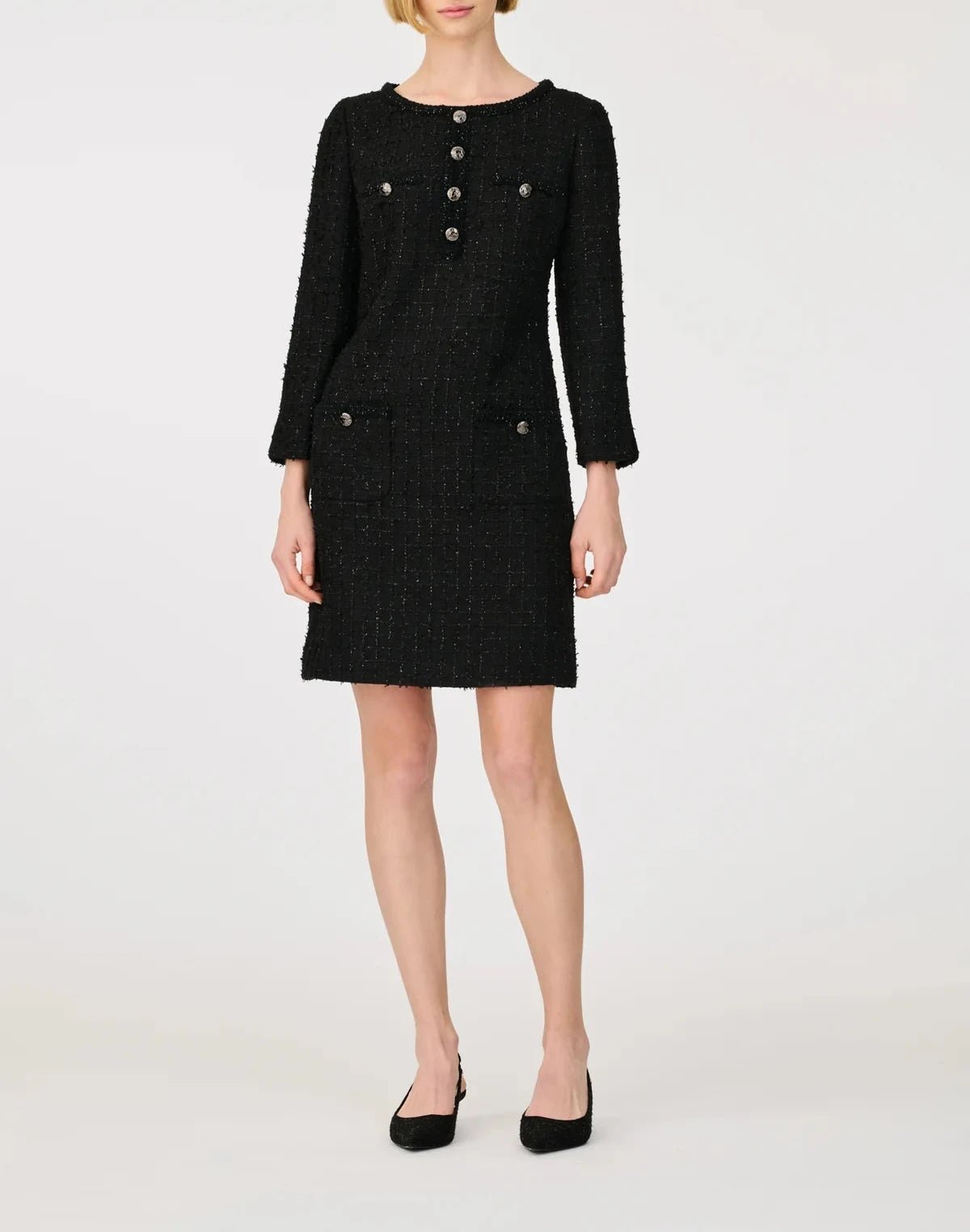 Weill Paris black tweed dress with three-quarter sleeves and round neckline
