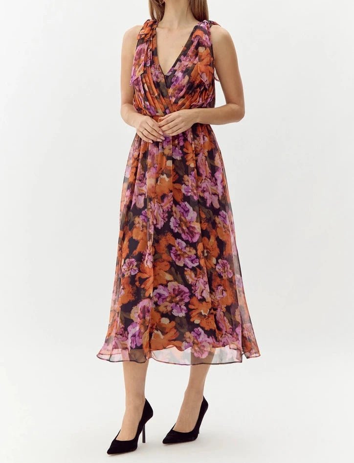 Vianka Tie Shoulder Chiffon Midi Dress - BTK COLLECTIONS