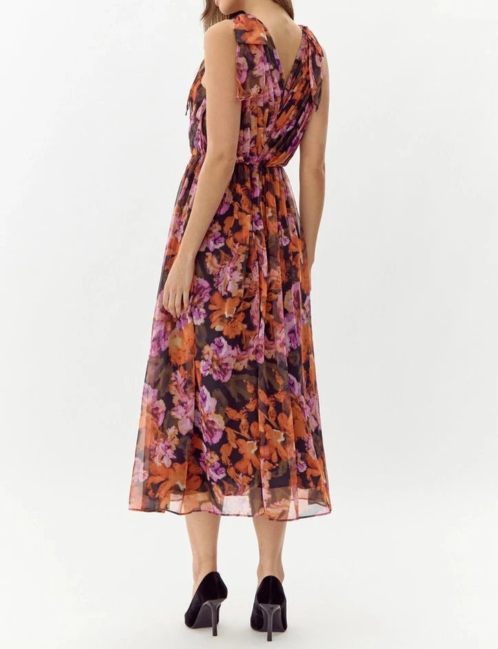 Vianka Tie Shoulder Chiffon Midi Dress - BTK COLLECTIONS