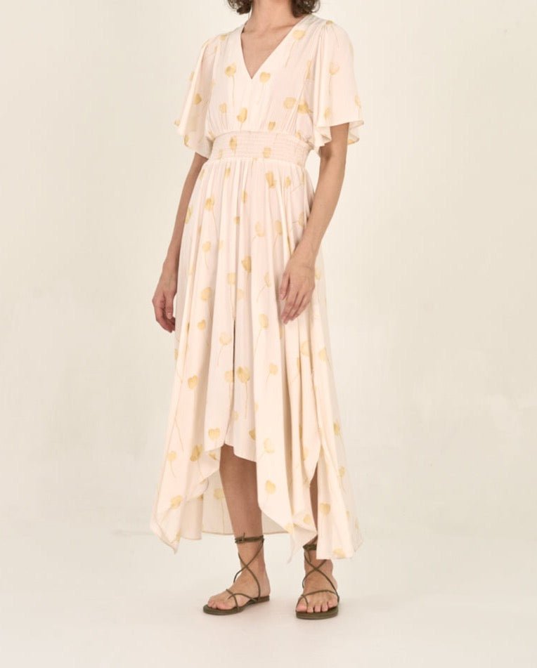 Watercolor floral maxi dress with flutter sleeves and asymmetrical hem front view