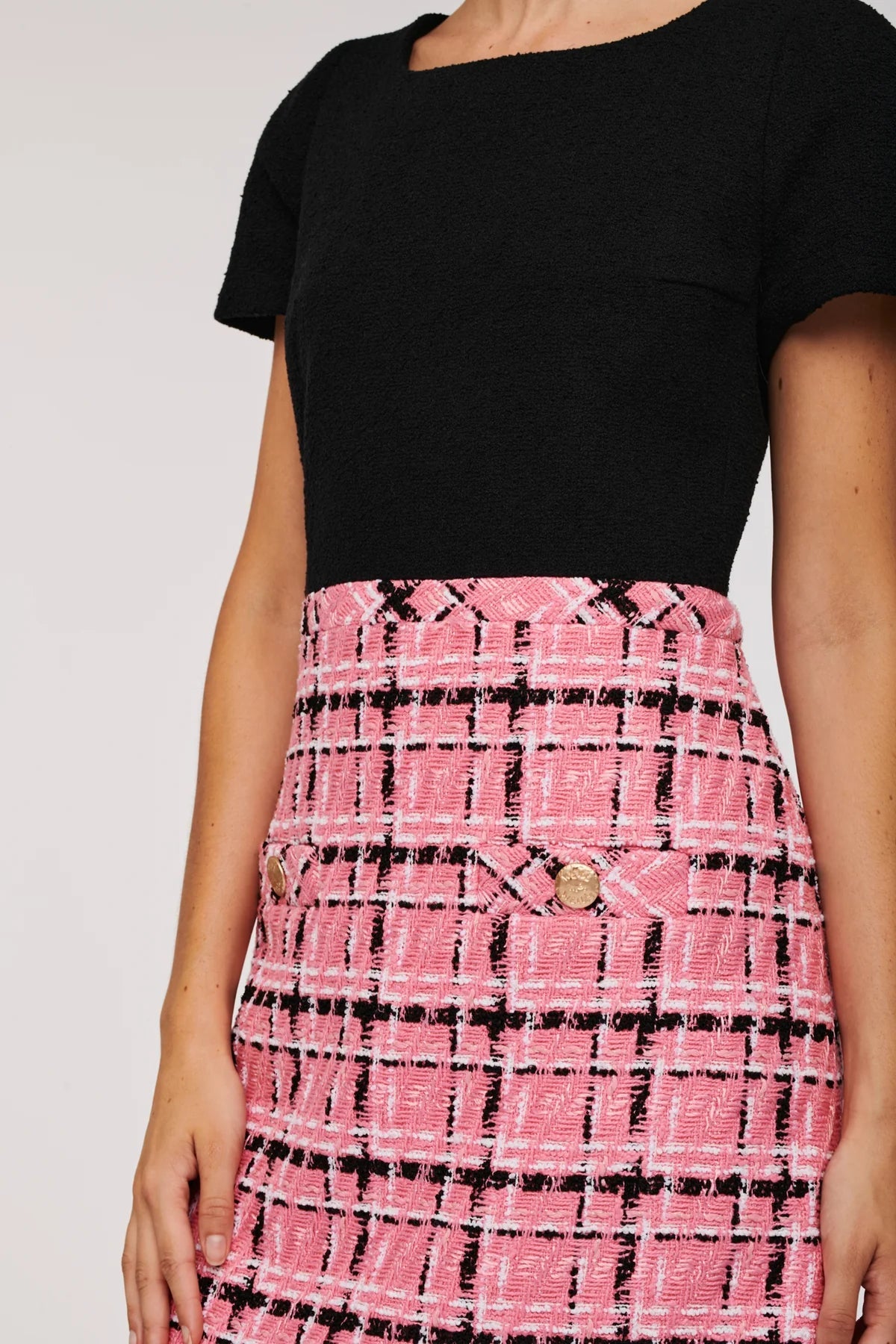 Weill Paris Dual-Material Tweed Dress with Pink Checkered Skirt - BTK COLLECTIONS