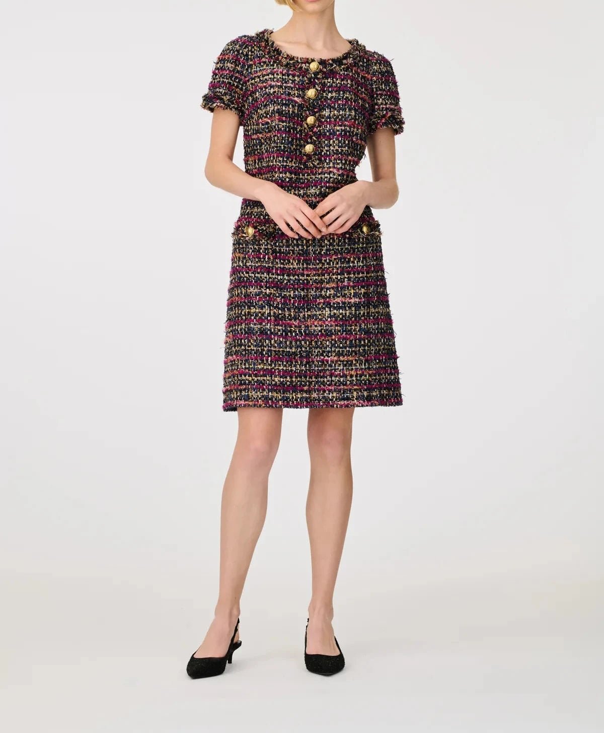 Multicolour tweed dress with gold buttons and short sleeves by Weill Paris.