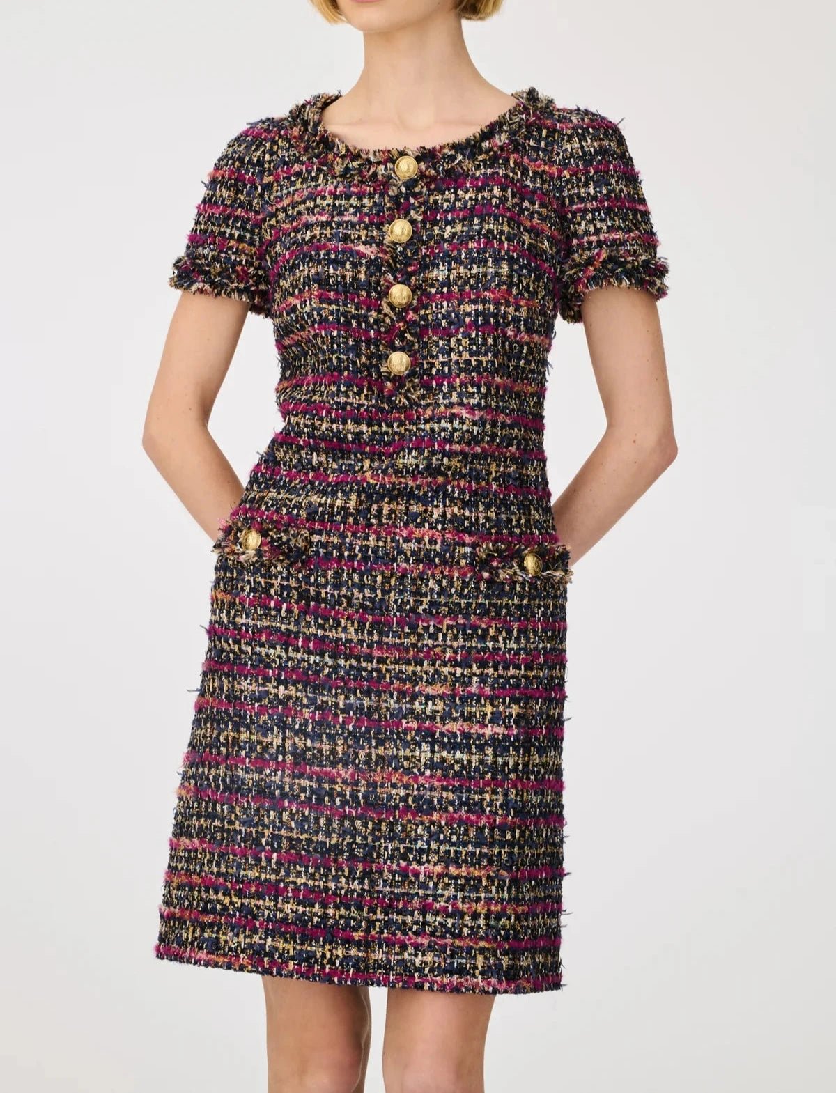 Weill Paris Multicolored Tweed Dress with Gold Button Accents - BTK COLLECTIONS