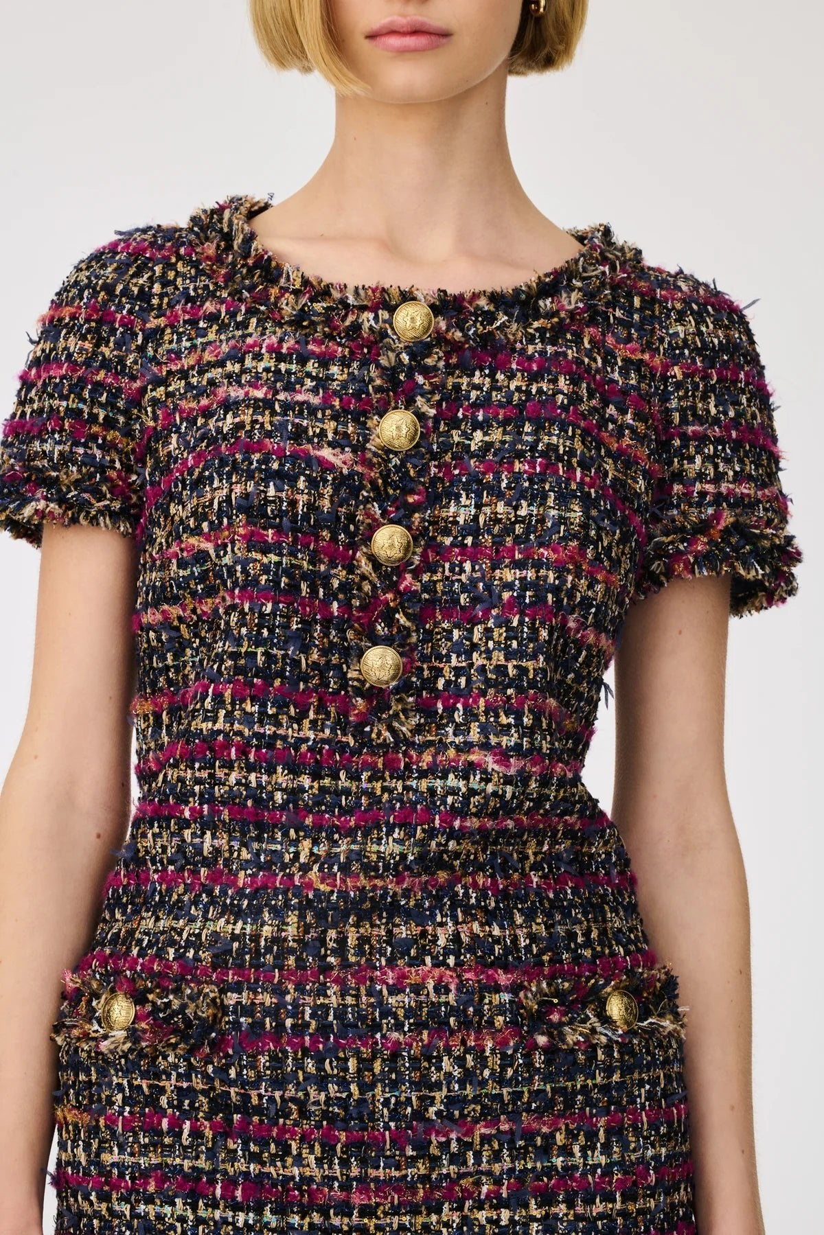 Weill Paris Multicolored Tweed Dress with Gold Button Accents - BTK COLLECTIONS