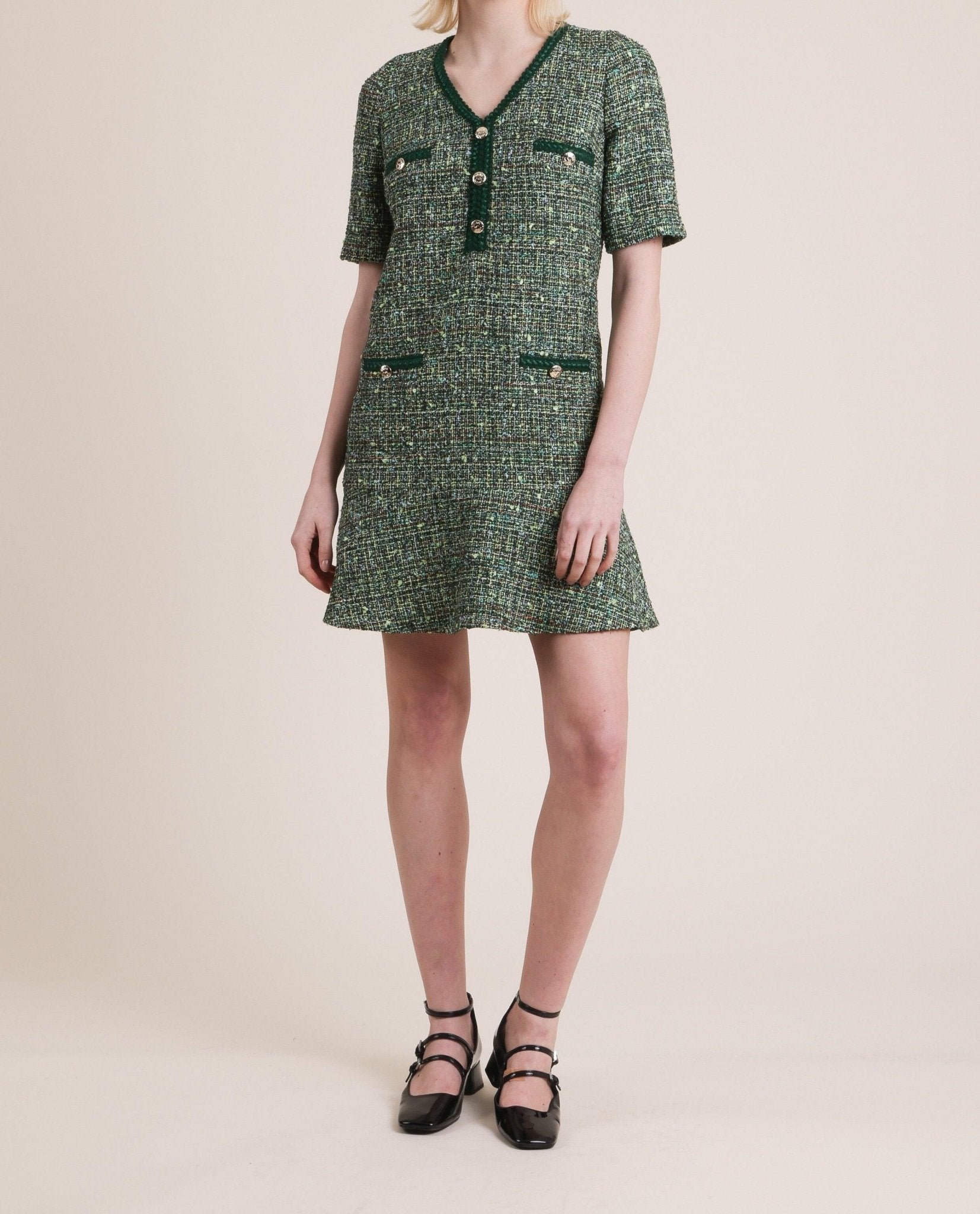 Weill Paris Short Tweed Dress with Gold Button Detailing - BTK COLLECTIONS