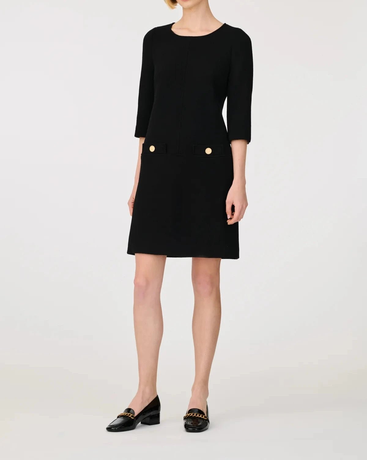 Weill Paris Wool Crepe Shift Dress with Gold Button Details - BTK COLLECTIONS