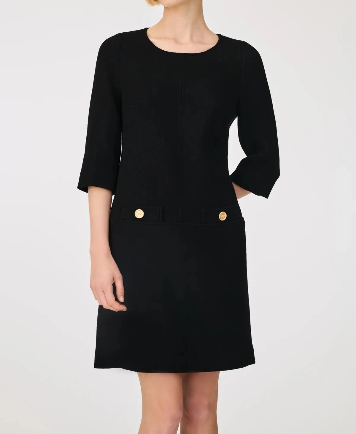 Weill Paris Wool Crepe Shift Dress with Gold Button Details - BTK COLLECTIONS