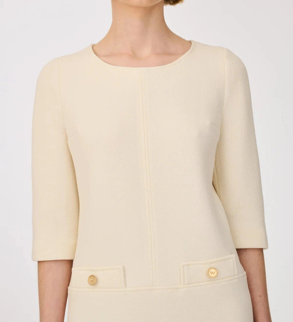 Weill Paris Wool Crepe Shift Dress with Gold Button Details - BTK COLLECTIONS