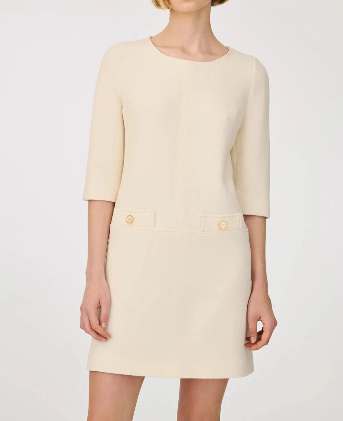 Weill Paris Wool Crepe Shift Dress with Gold Button Details - BTK COLLECTIONS