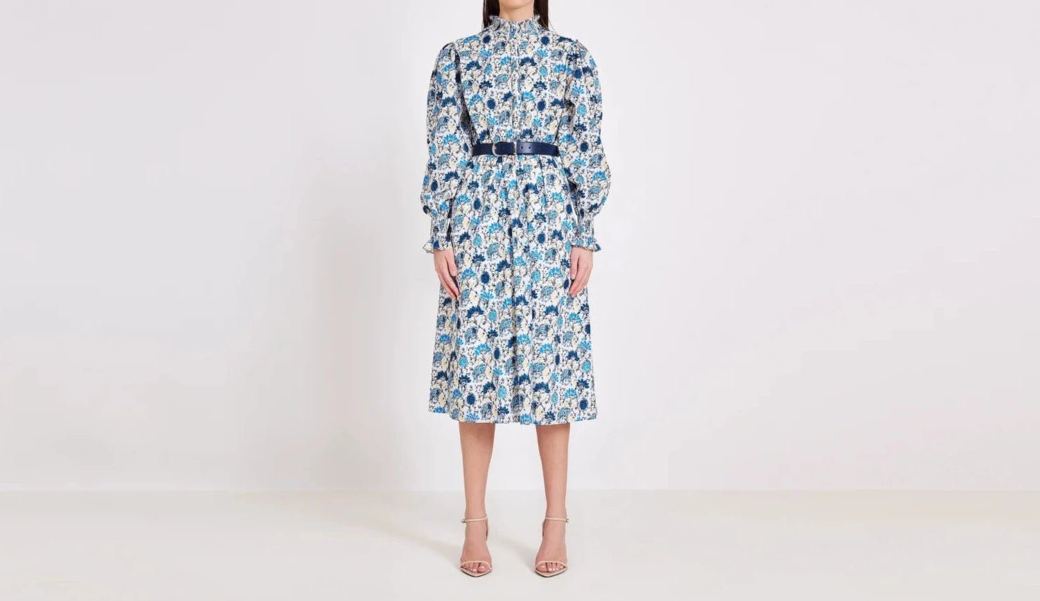 White & Blue Floral Print Cotton Midi Dress - BTK COLLECTIONS