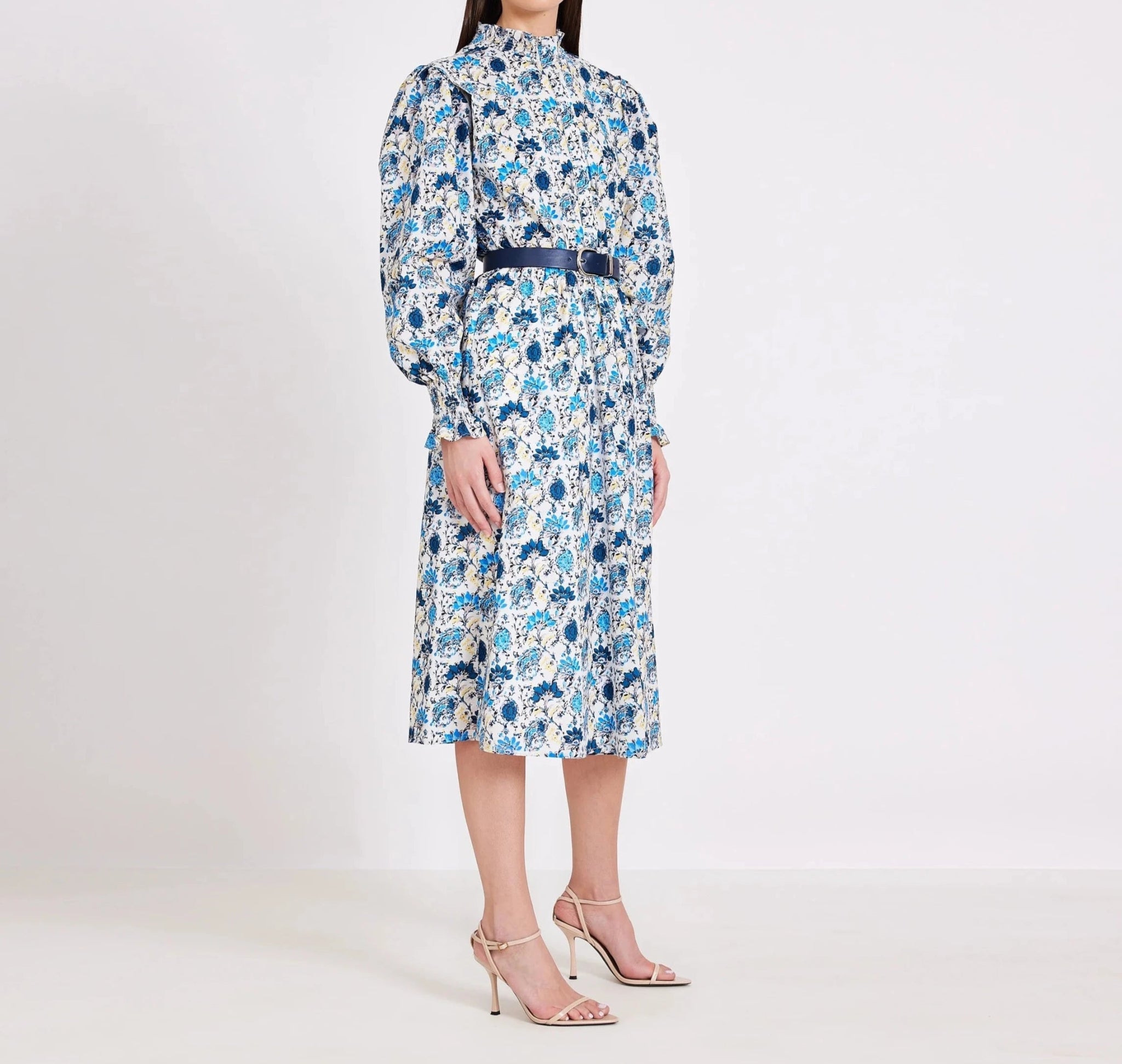 White & Blue Floral Print Cotton Midi Dress - BTK COLLECTIONS