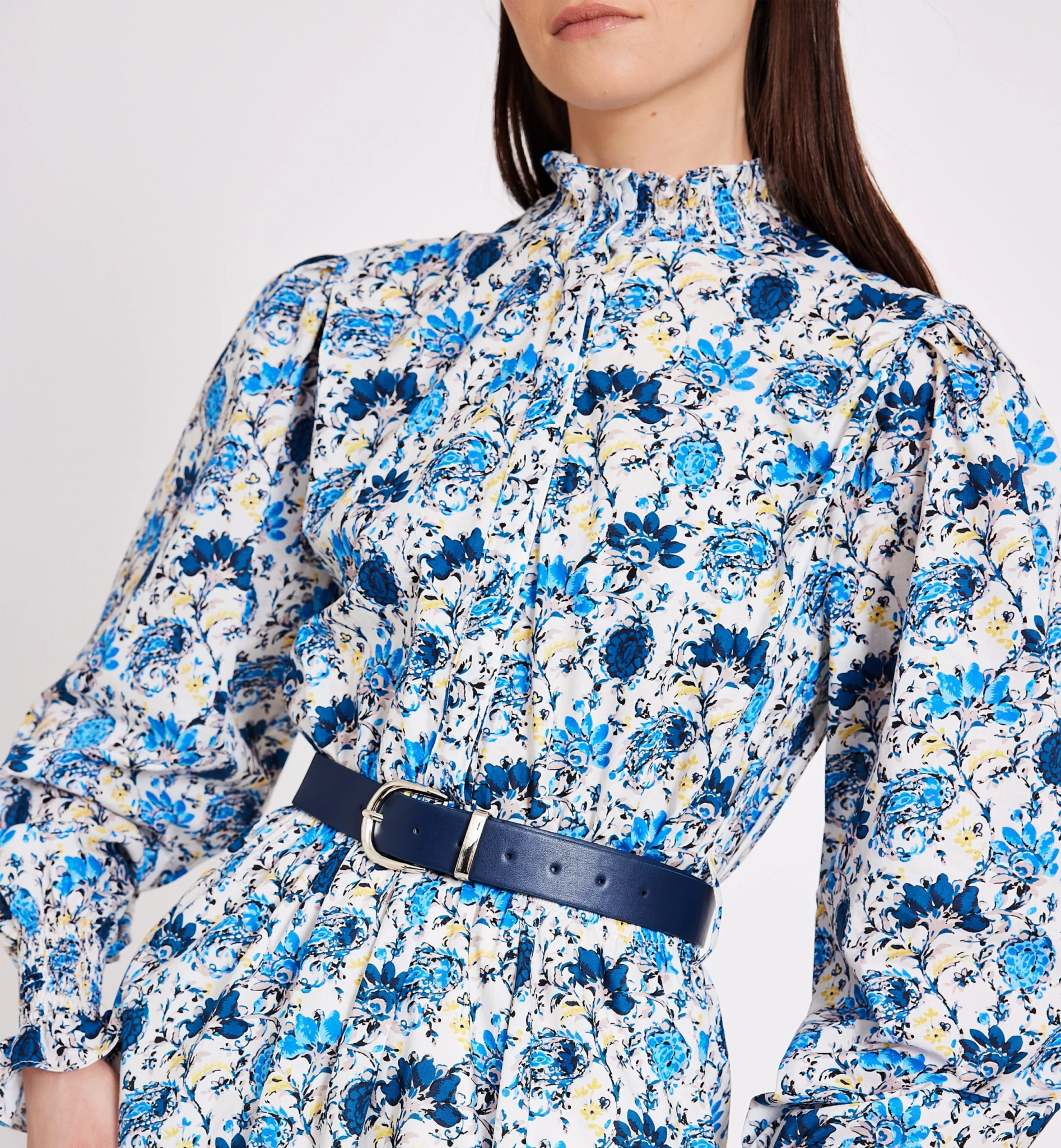 White & Blue Floral Print Cotton Midi Dress - BTK COLLECTIONS