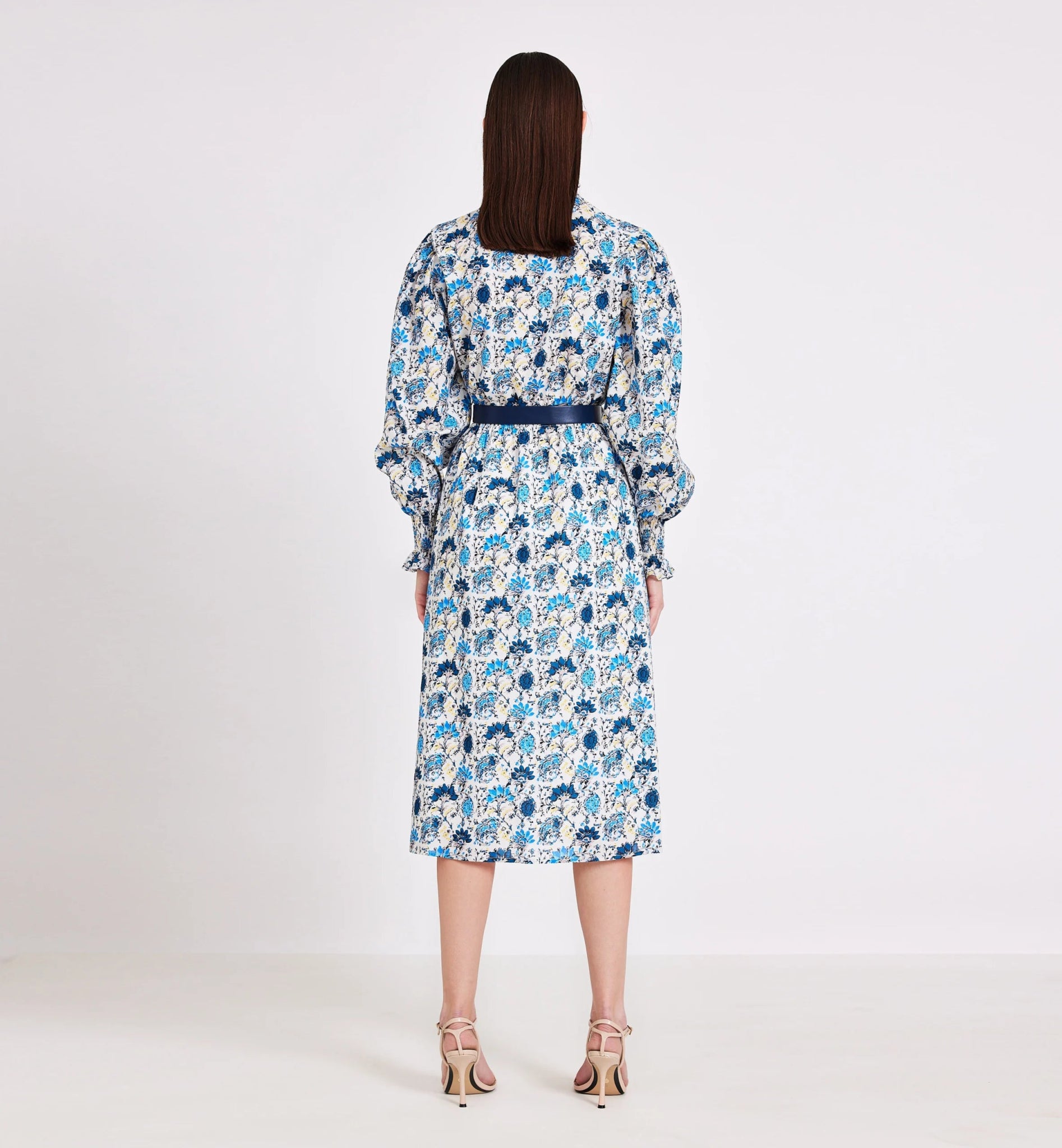 White & Blue Floral Print Cotton Midi Dress - BTK COLLECTIONS