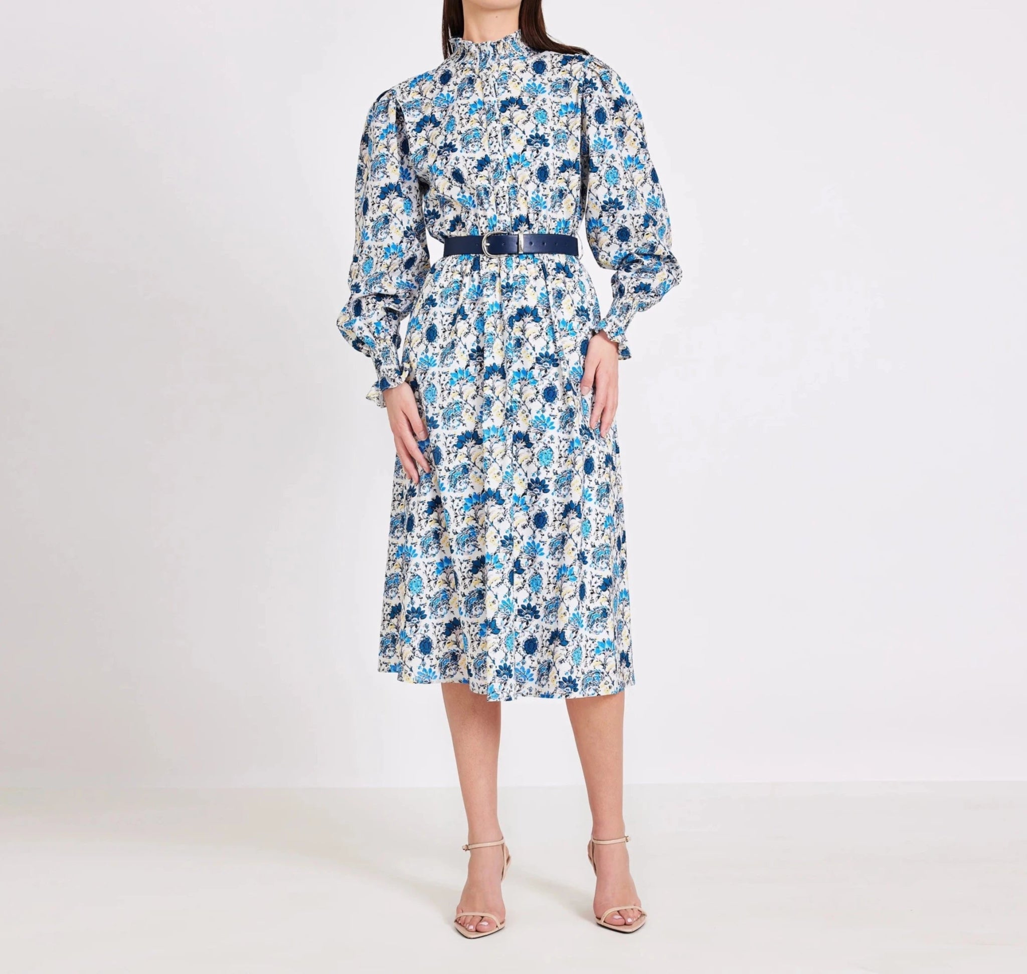 White & Blue Floral Print Cotton Midi Dress - BTK COLLECTIONS