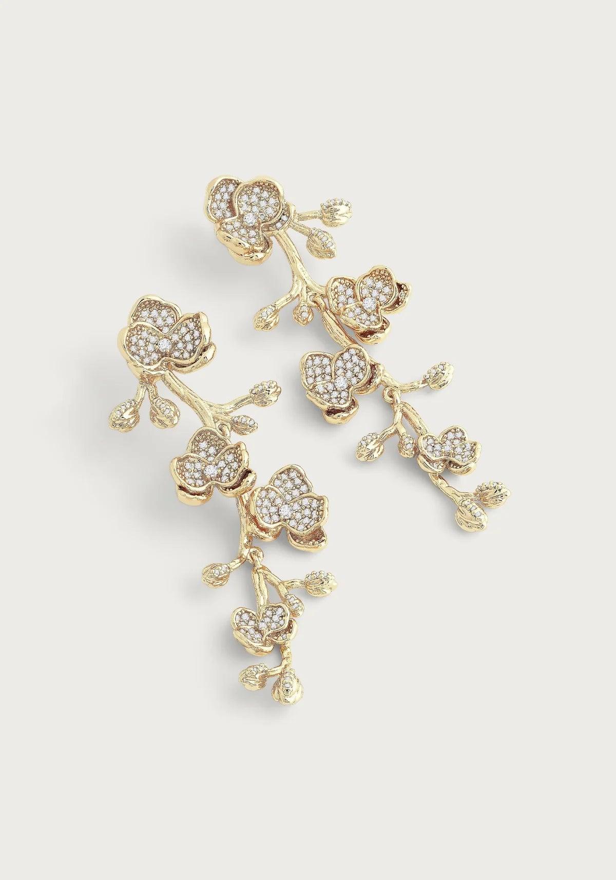 White Orchid Pave Clear Dangle Earrings - BTK COLLECTION