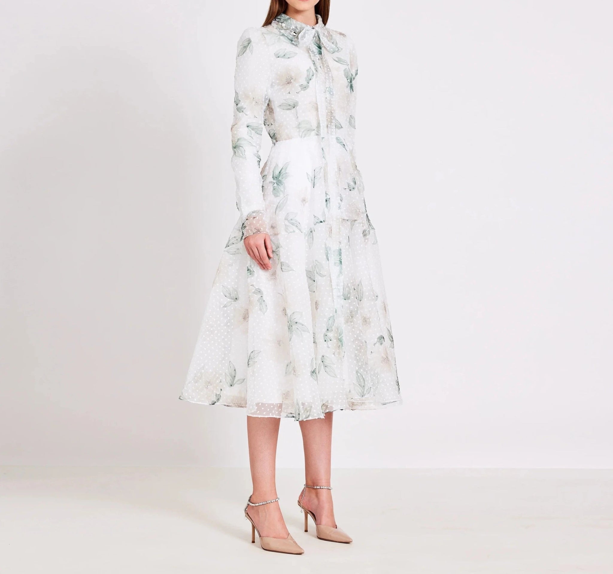 White Printed Organza With Bold Dots Collared Midi Dress - BTK COLLECTIONS