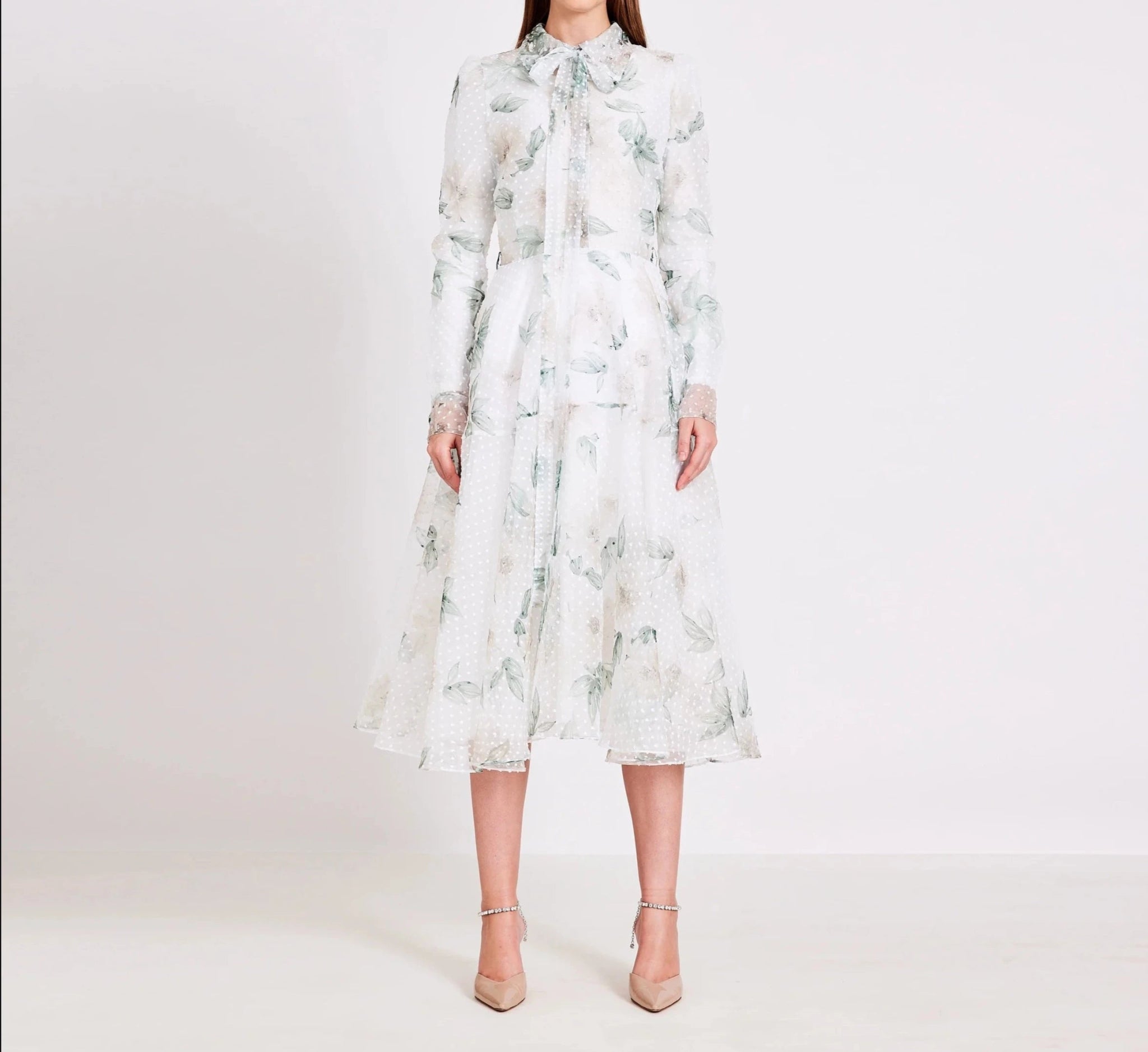 White Printed Organza With Bold Dots Collared Midi Dress - BTK COLLECTIONS