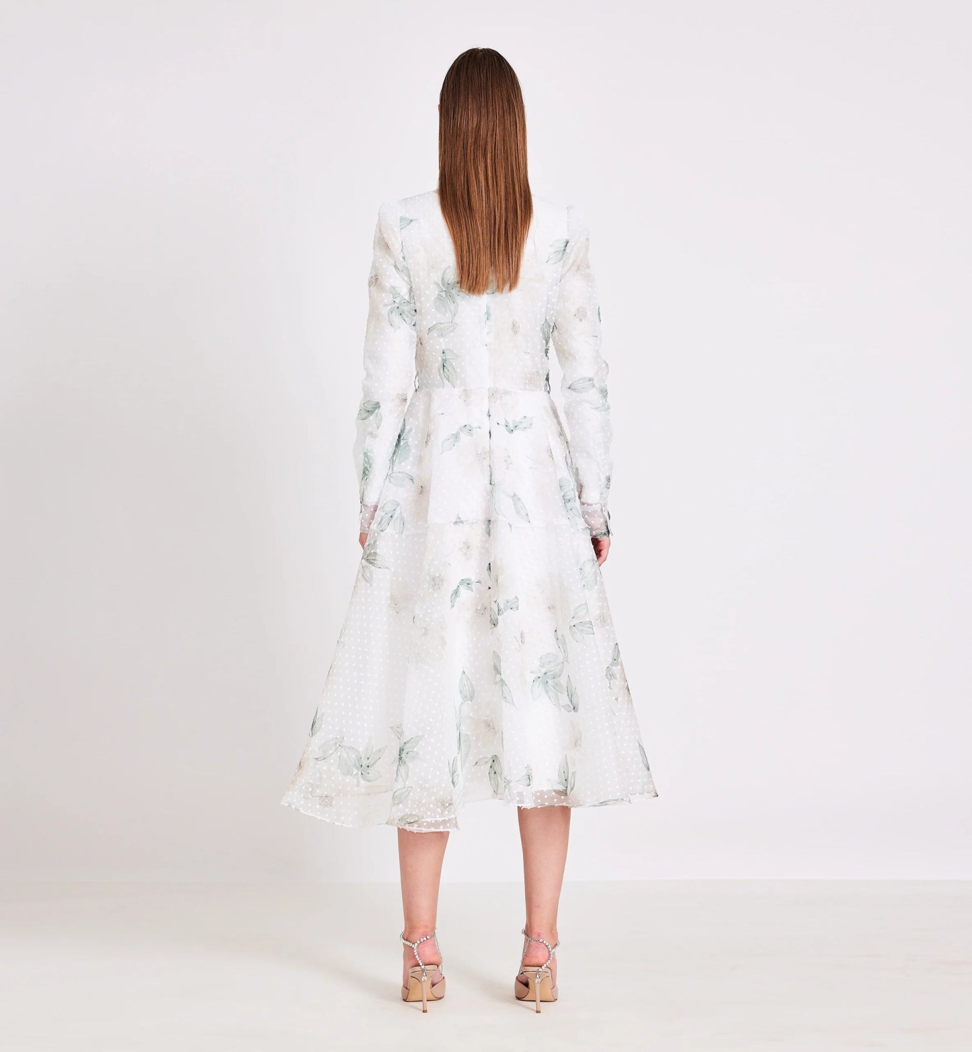 White Printed Organza With Bold Dots Collared Midi Dress - BTK COLLECTIONS