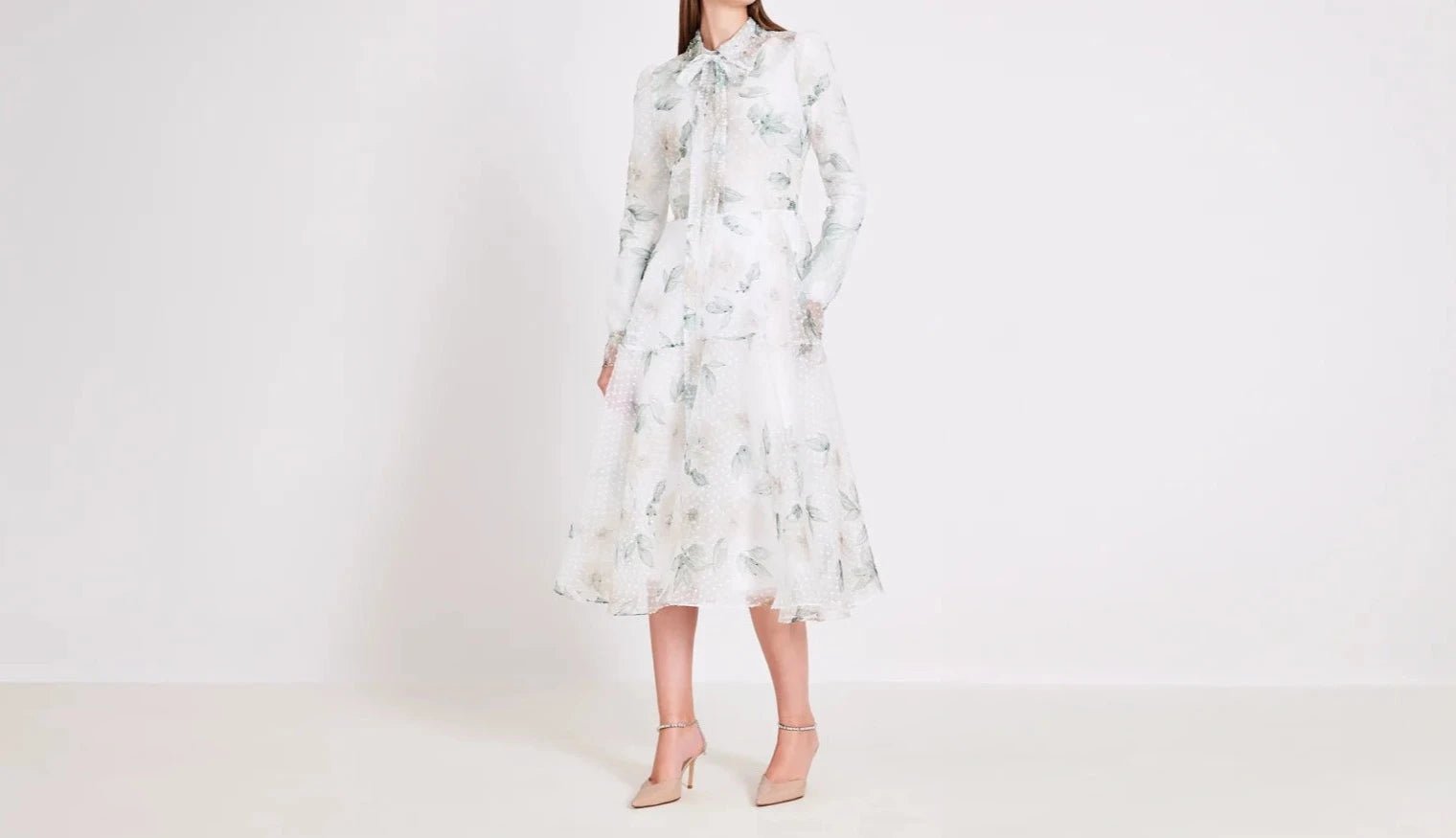 White Printed Organza With Bold Dots Collared Midi Dress - BTK COLLECTIONS