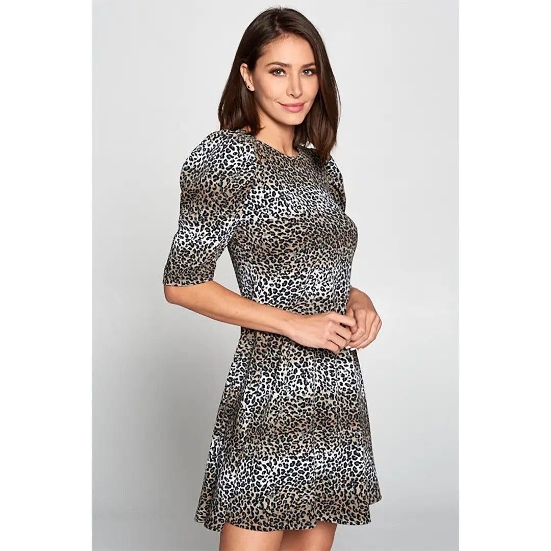 Animal Print Swing Dress with Puff Sleeve - BTK COLLECTION