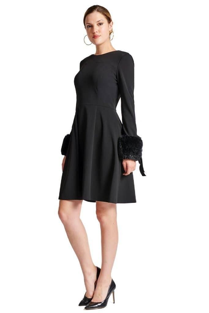Simona Maghen Caroline black fit-and-flare dress, front view with long sleeves, jewel neckline and faux-fur cuffs.
