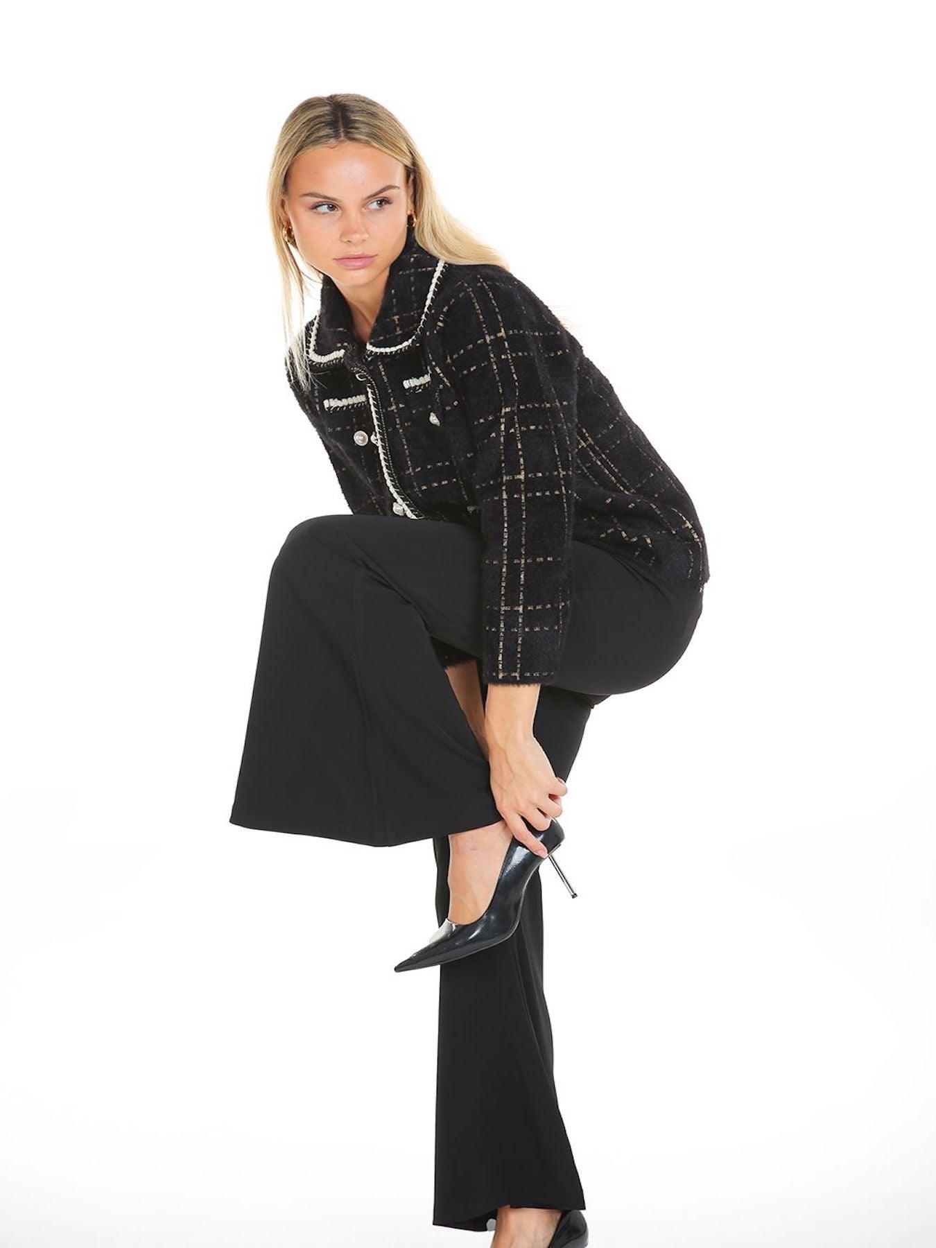 Black Contrast Lining Plaid Tweed Jacket - BTK COLLECTIONS