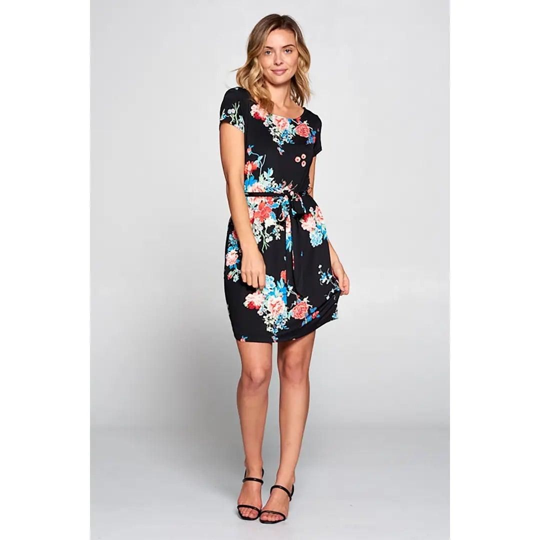 Black Floral Print Knit Dress with Waist Tie - BTK COLLECTIONS