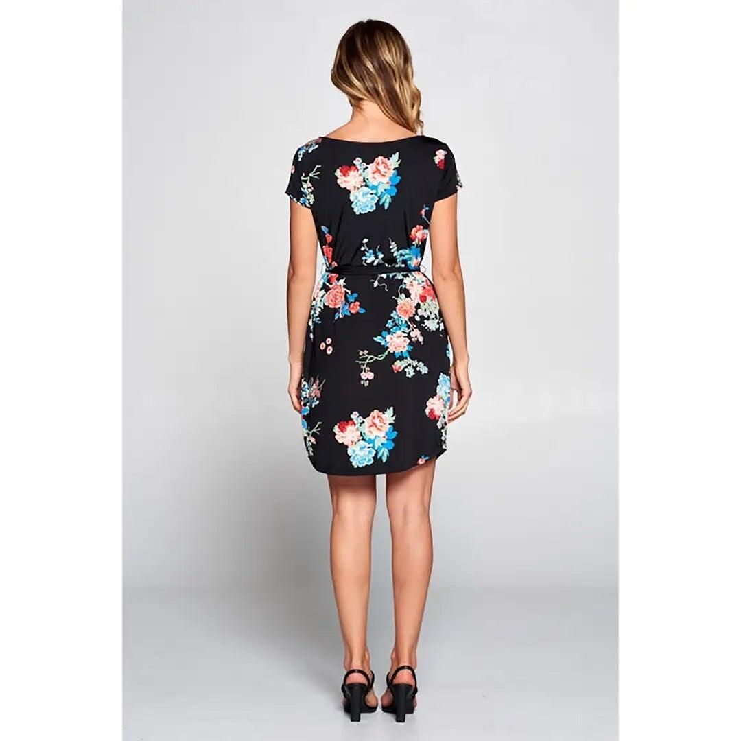 Black Floral Print Knit Dress with Waist Tie - BTK COLLECTIONS