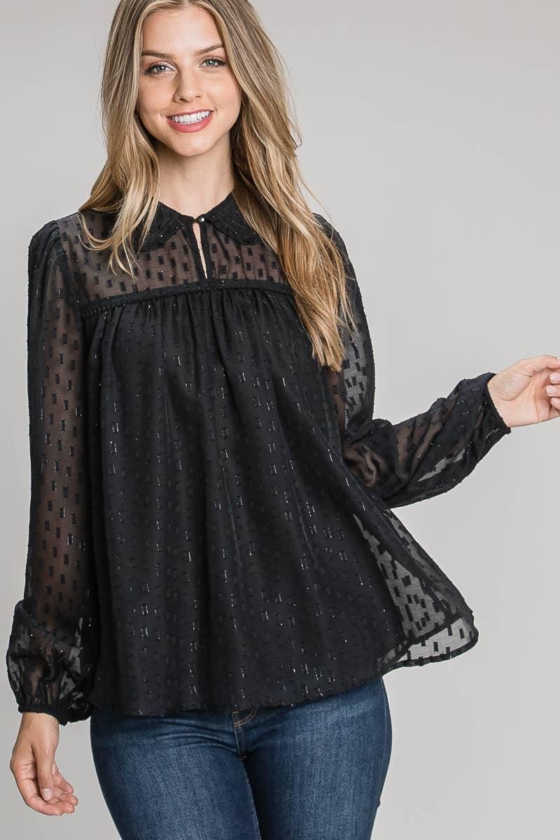 Front view of the black Allie Rose blouse showing its flowing shape, short neckline opening and elastic cuffs.