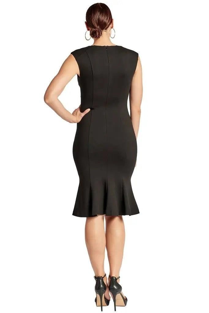 Back view of the Simona Maghen Ivy black sleeveless dress with a concealed back zipper, fitted seams and flared mermaid hem.