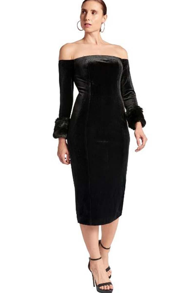 Simona Maghen Joia black velvet off-the-shoulder midi dress, front view with long sleeves and faux-fur cuffs.