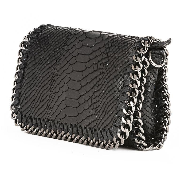 Black genuine leather clutch with snake-textured finish and silver chain trim, worn as crossbody or handheld
