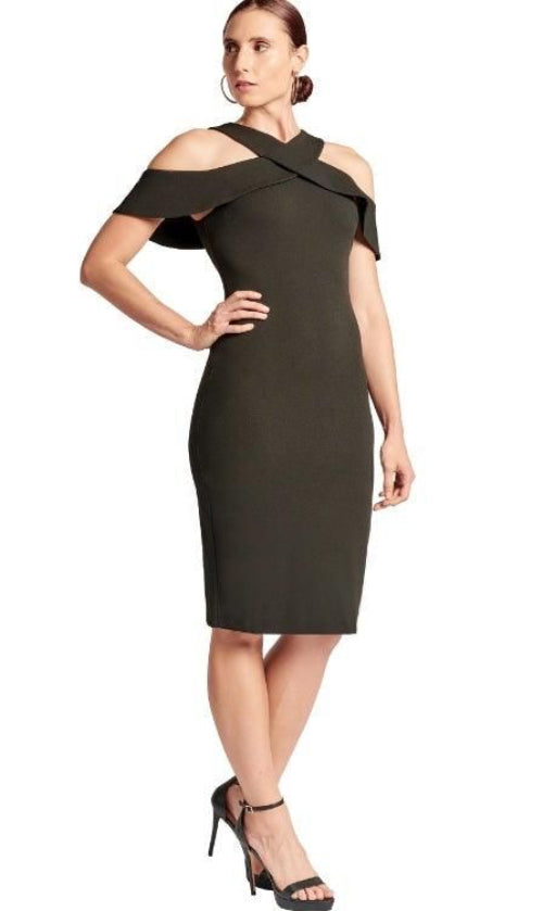 Angled front view of the Simona Maghen Layla black midi dress showing the criss-cross neckline and body conscious fit.