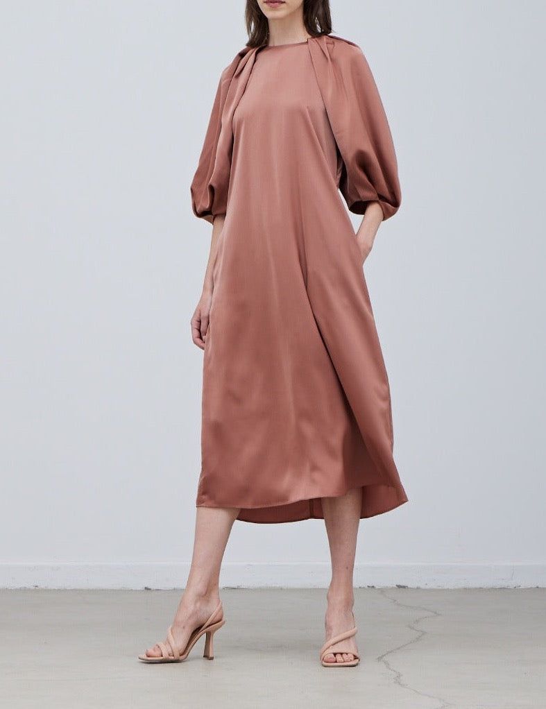 Blossom Sleeves Satin Dress - BTK COLLECTIONS