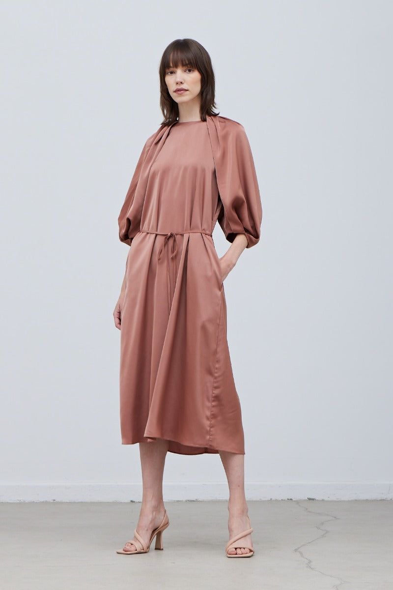 Blossom Sleeves Satin Dress - BTK COLLECTIONS