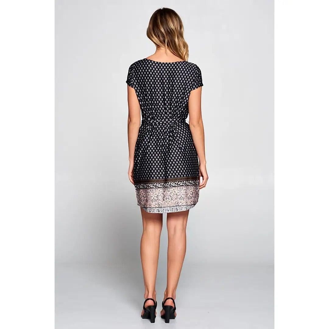 Boho Border Print Knit Dress with Waist Tie - BTK COLLECTIONS