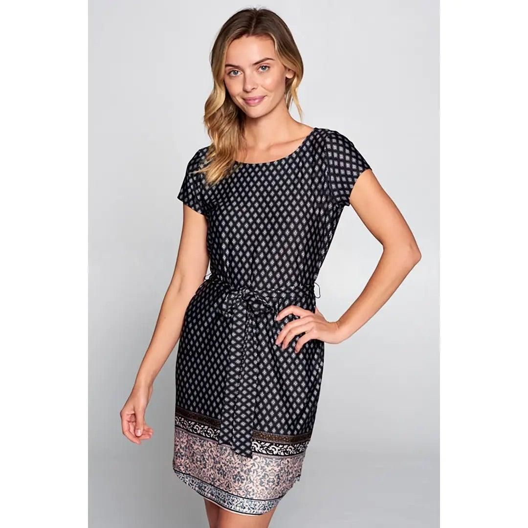 Boho Border Print Knit Dress with Waist Tie - BTK COLLECTIONS