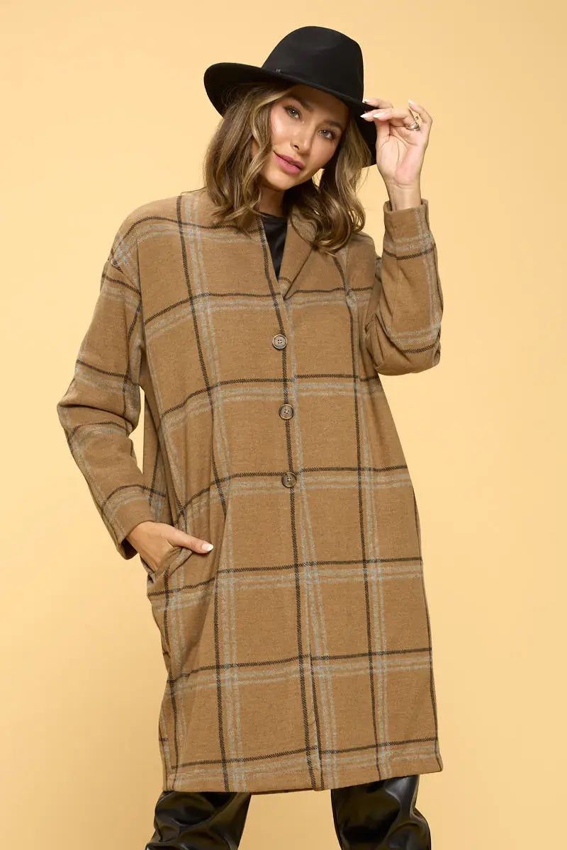 Camel Plaid Coat with Buttons and Pockets - BTK COLLECTIONS