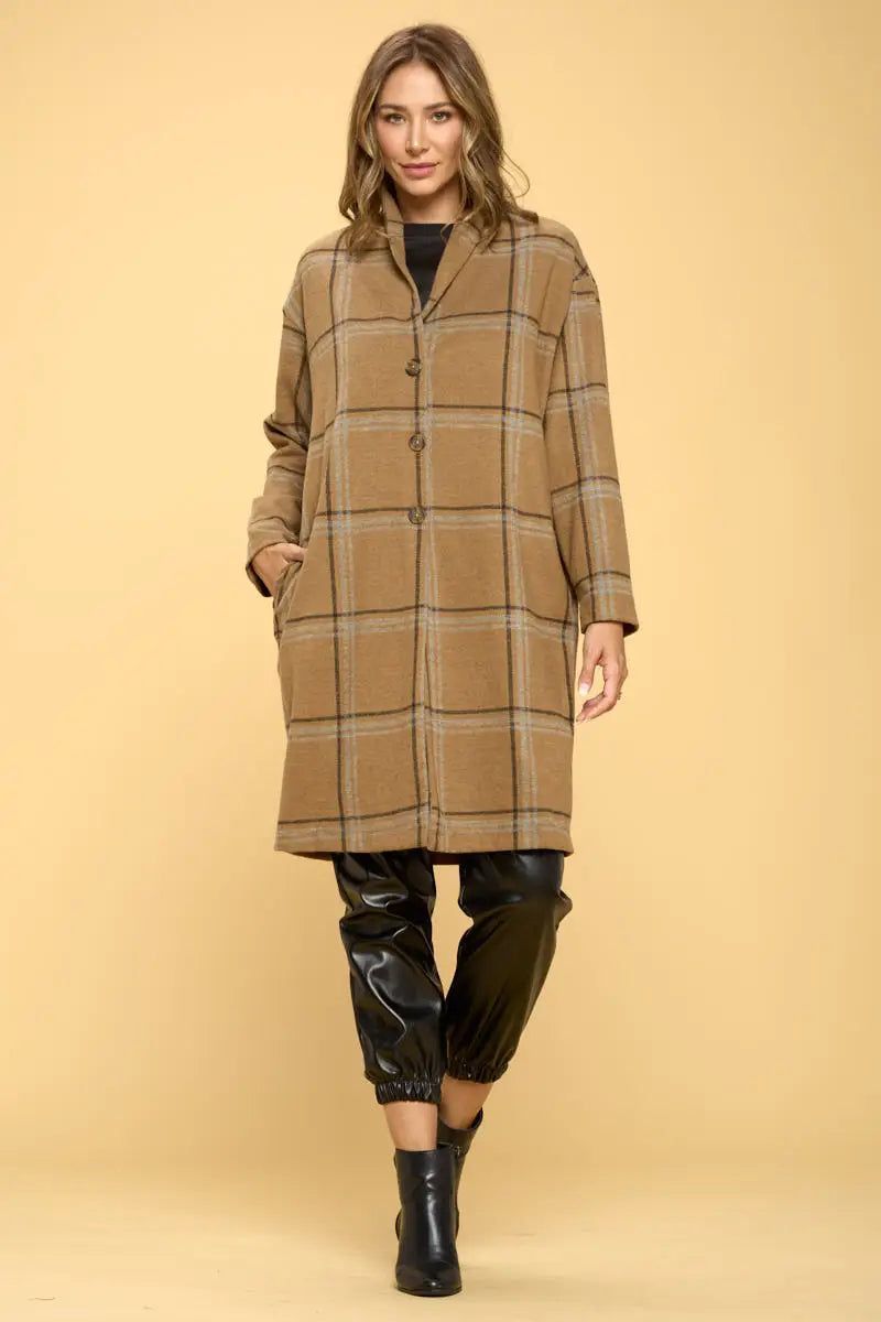 Camel Plaid Coat with Buttons and Pockets - BTK COLLECTIONS