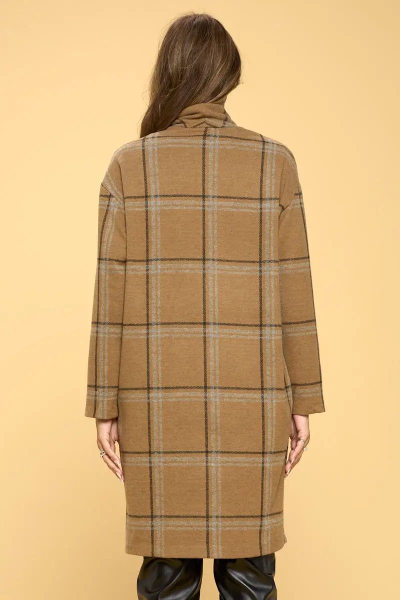 Camel Plaid Coat with Buttons and Pockets - BTK COLLECTIONS