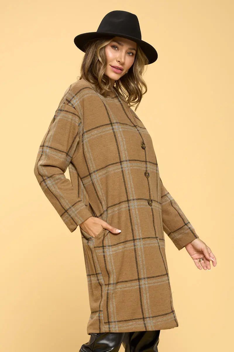 Camel Plaid Coat with Buttons and Pockets - BTK COLLECTION