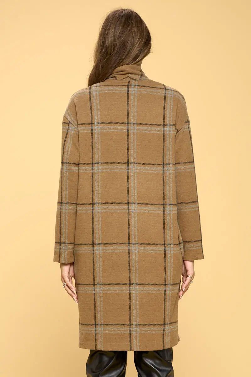 Camel Plaid Coat with Buttons and Pockets - BTK COLLECTION